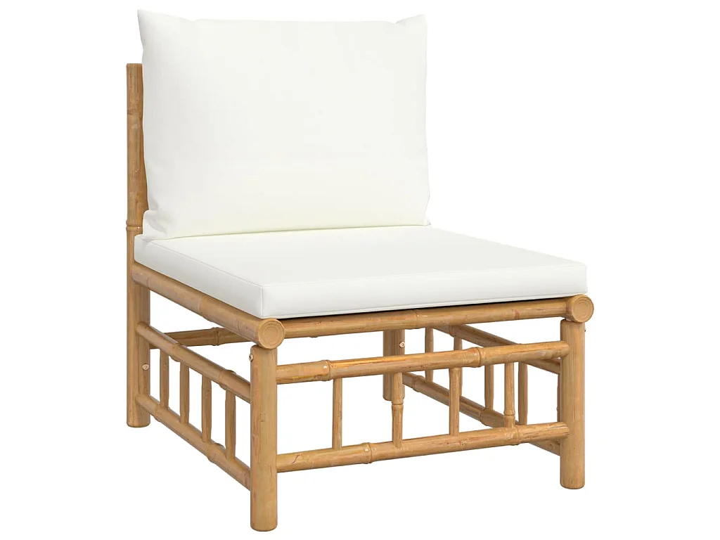 Set Salotto da Giardino 4pz con Cuscini Bianco Crema in Bambù