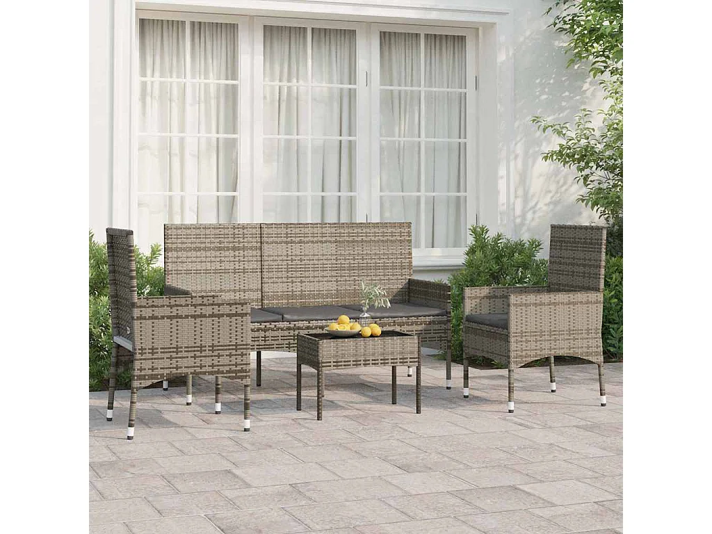 4-tlg. Garten-Lounge-Set mit Kissen Grau Poly Rattan