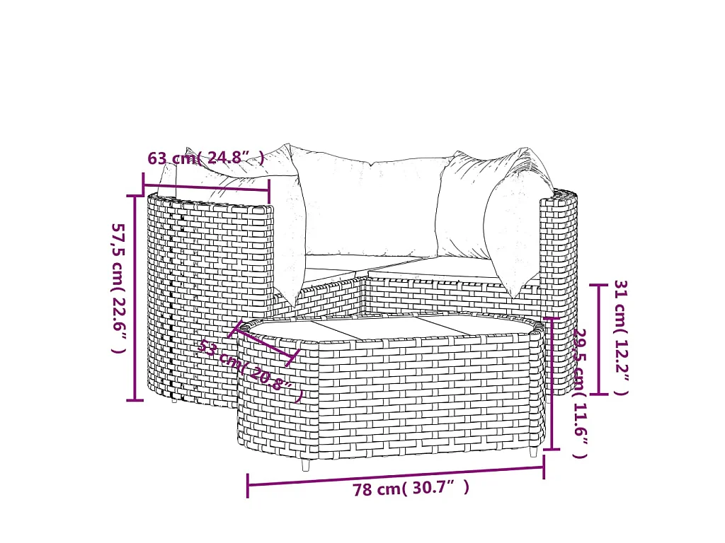4-delige Loungeset met kussens poly rattan bruin