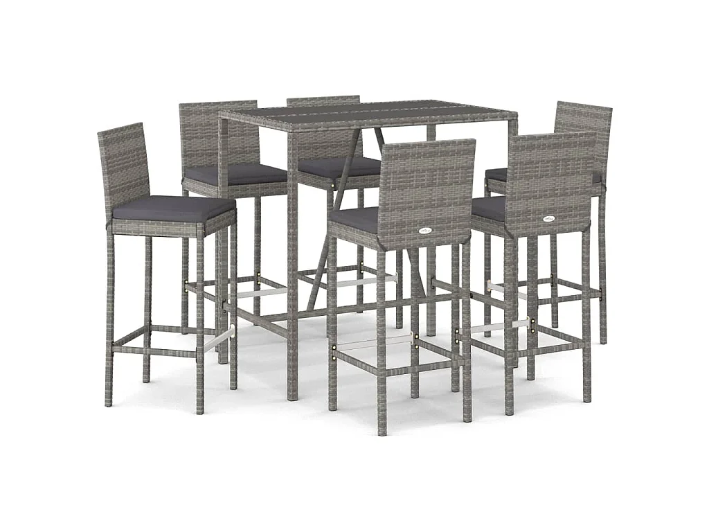 Ensemble de bar de jardin 7 pcs avec coussins gris poly rotin
