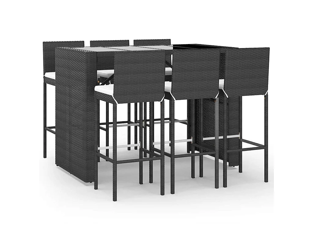 7 pcs conjunto de bar para jardim c/ almofadões vime PE preto