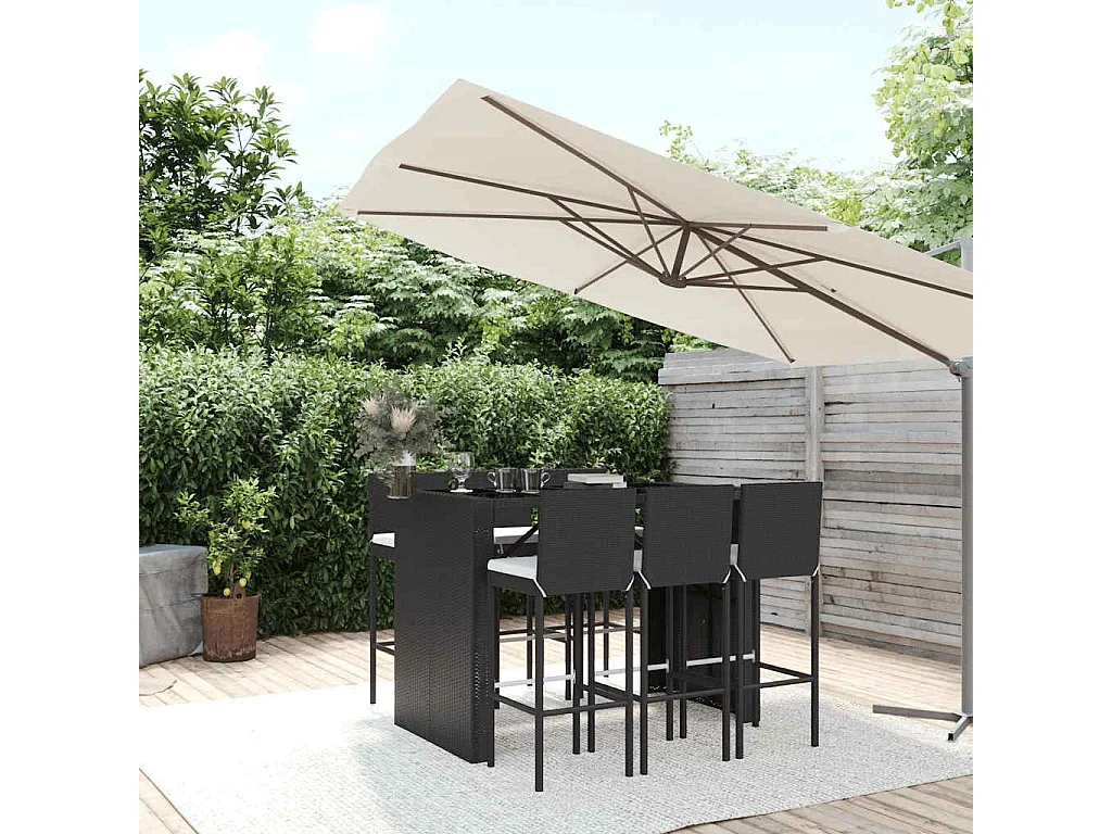 7 pcs conjunto de bar para jardim c/ almofadões vime PE preto