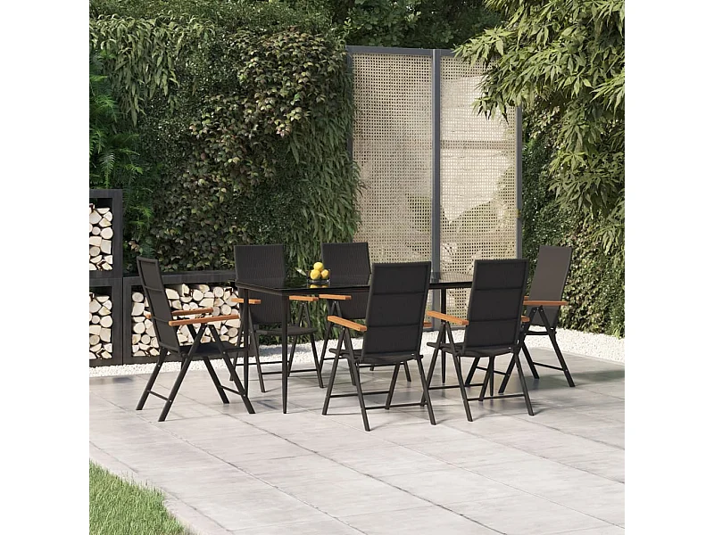 7-tlg. Garten-Essgruppe Schwarz und Braun Poly Rattan