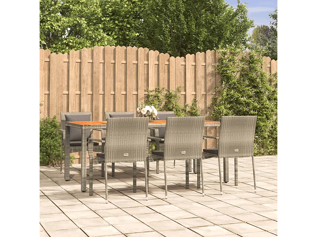 Set da Pranzo da Giardino 7 pz con Cuscini in Polyrattan Grigio