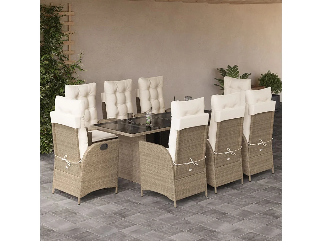9-tlg. Garten-Essgruppe mit Kissen Beige Poly Rattan