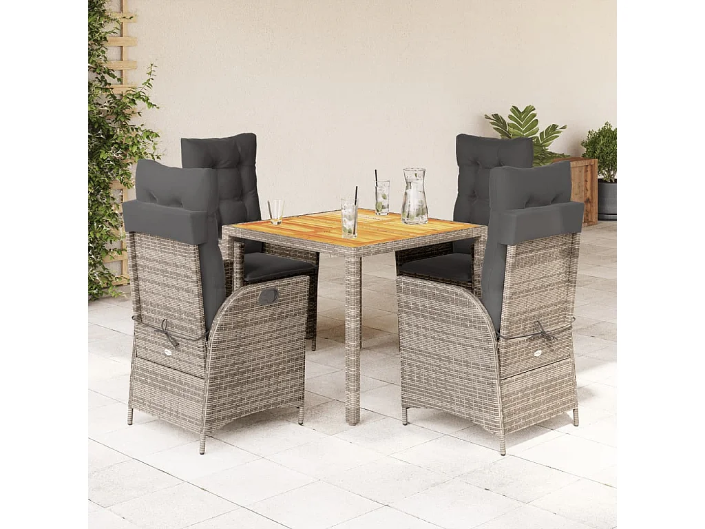 Set da Pranzo da Giardino 5 pz con Cuscini in Polyrattan Grigio