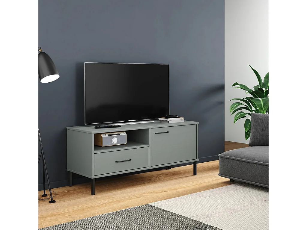 Mobile TV con Gambe Metallo Grigio Legno Massello di Pino OSLO