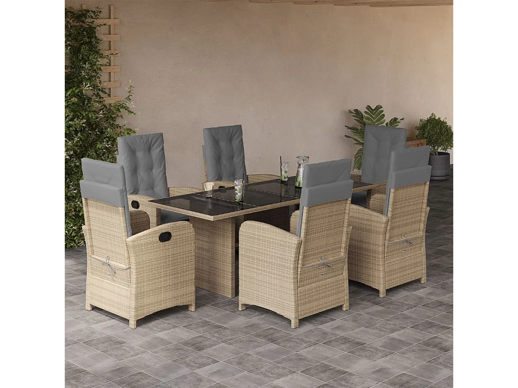 Set Pranzo da Giardino 7 pz con Cuscini Beige Misto Polyrattan