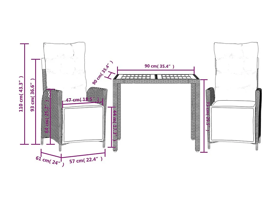 Ensemble à manger de jardin 3 pcs coussins gris résine tressée