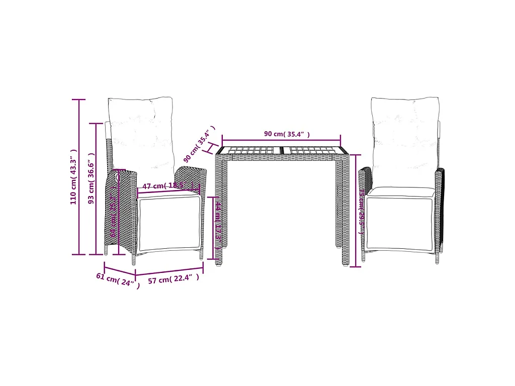 Set da Pranzo da Giardino 3 pz con Cuscini in Polyrattan Grigio