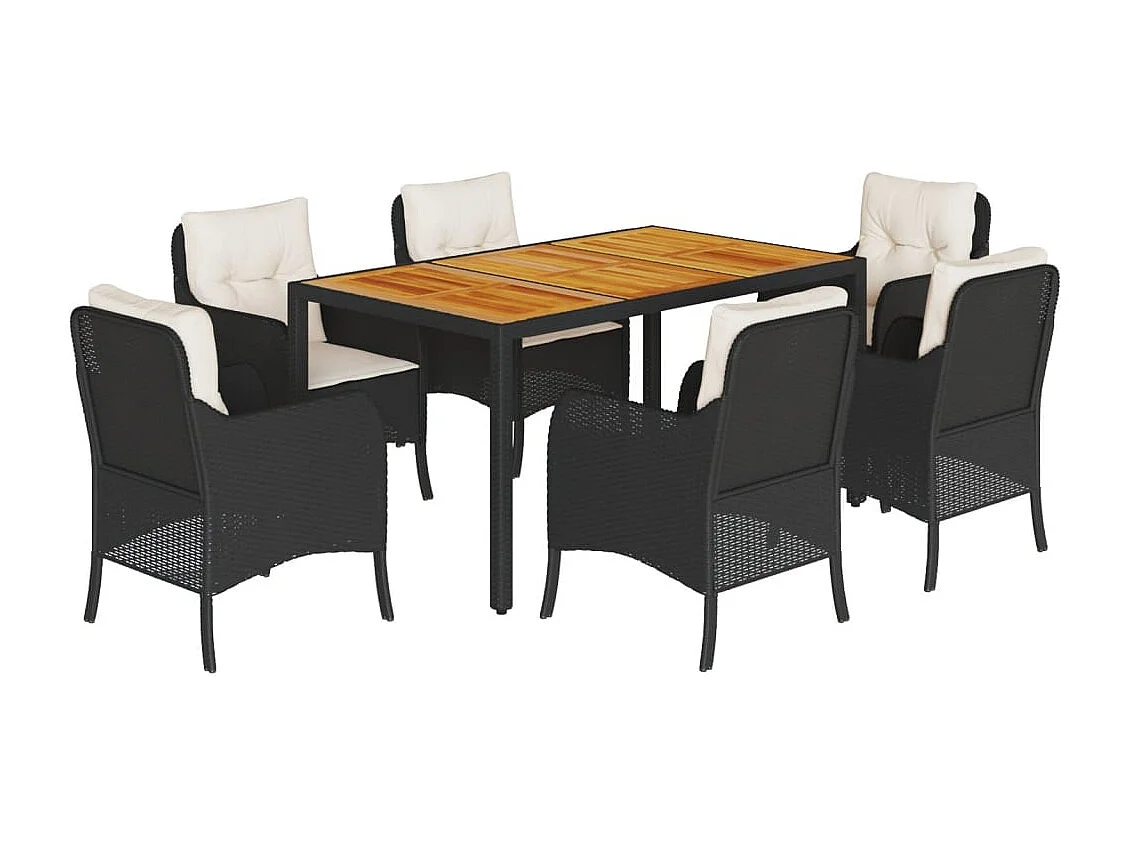 7-tlg. Garten-Essgruppe mit Kissen Schwarz Poly Rattan