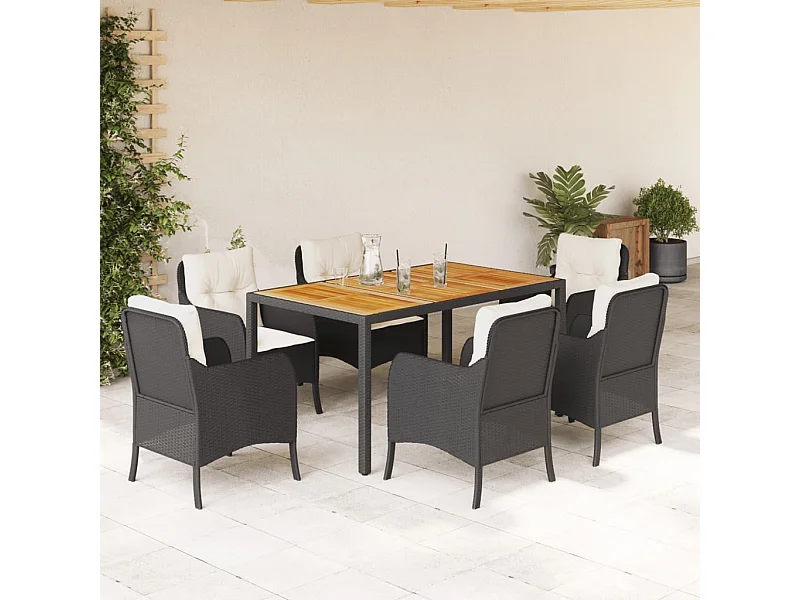 7-tlg. Garten-Essgruppe mit Kissen Schwarz Poly Rattan