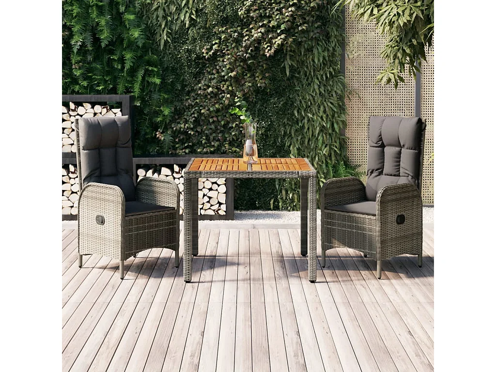 Set da Pranzo da Giardino 3 pz con Cuscini in Polyrattan Grigio