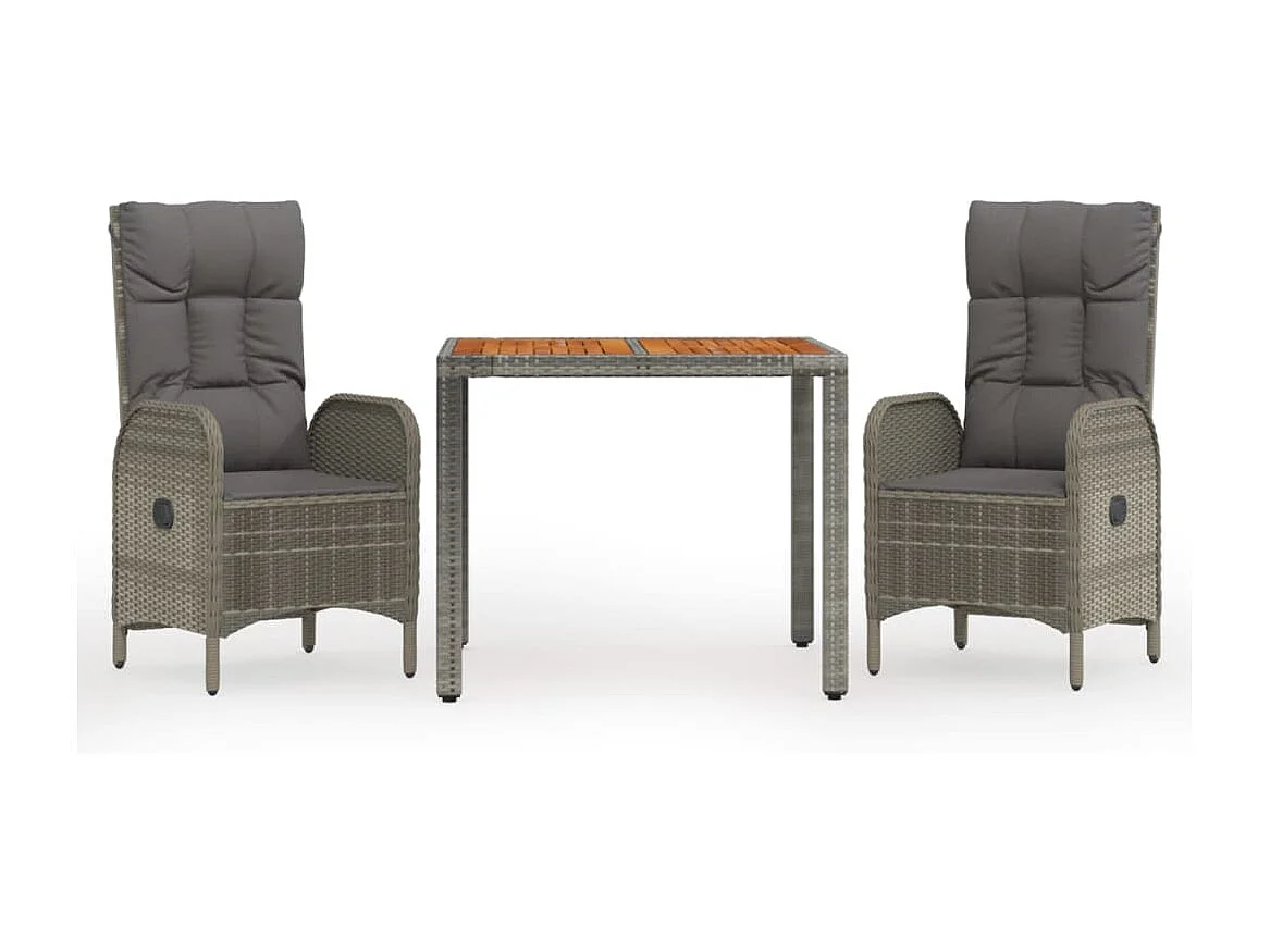 Set da Pranzo da Giardino 3 pz con Cuscini in Polyrattan Grigio