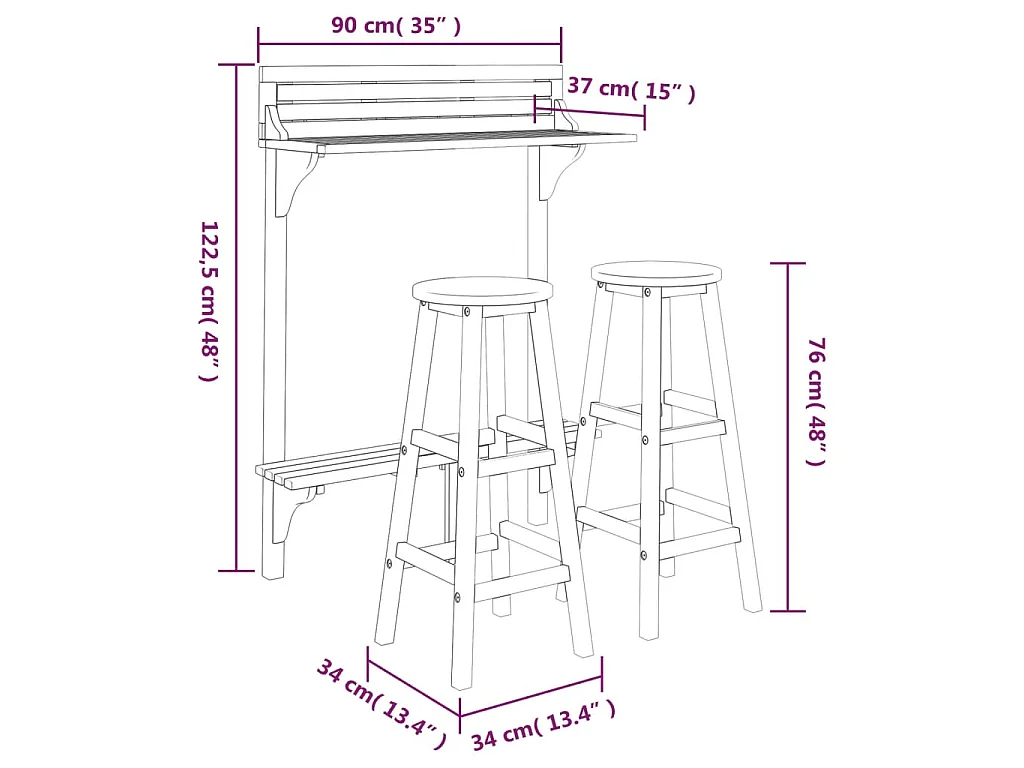 Juego muebles de bar de balcón 3 piezas madera maciza de acacia