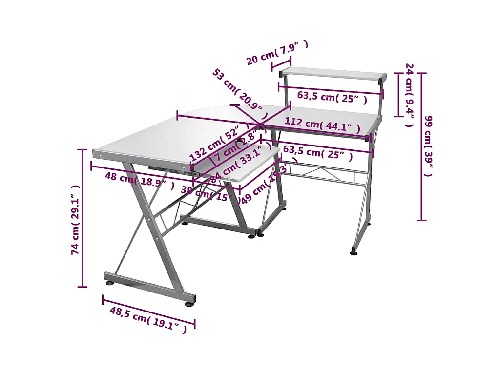Scrivania Computer Angolare Bianca 132x112x99 Legno Multistrato
