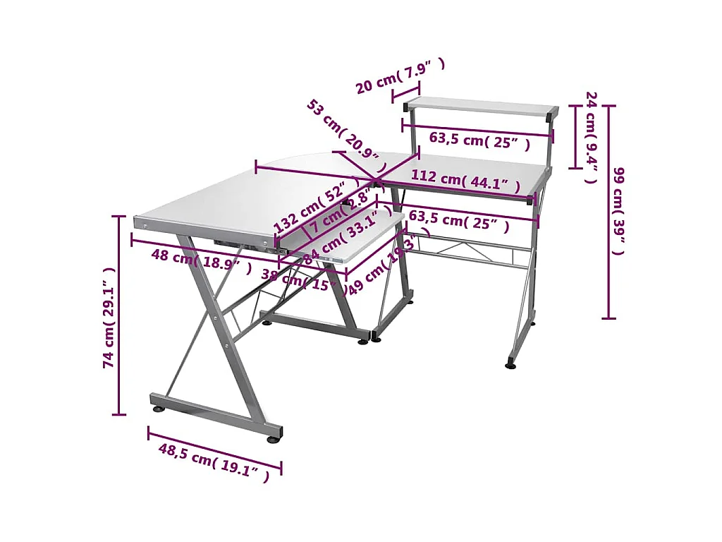 Hoekbureau 132x112x99 cm bewerkt hout wit