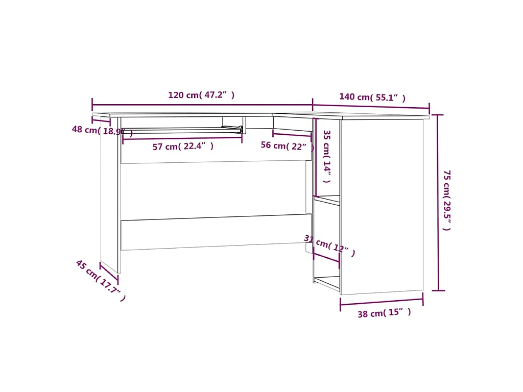 Hoekbureau 120x140x75 cm bewerkt hout gerookt eikenkleurig
