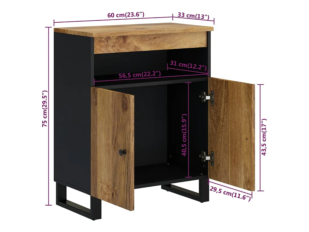 Buffet avec 2 portes 60x33x75 cm bois massif de manguier