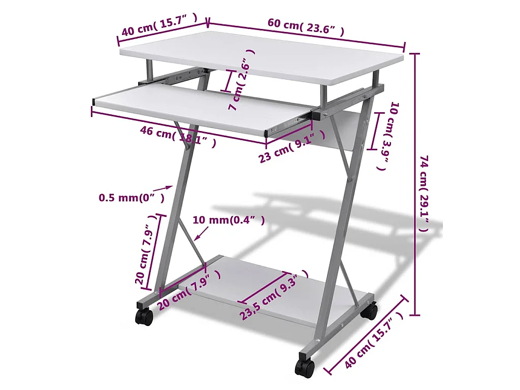 Studenten computerbureau 60 x 40 x 74 cm (wit)