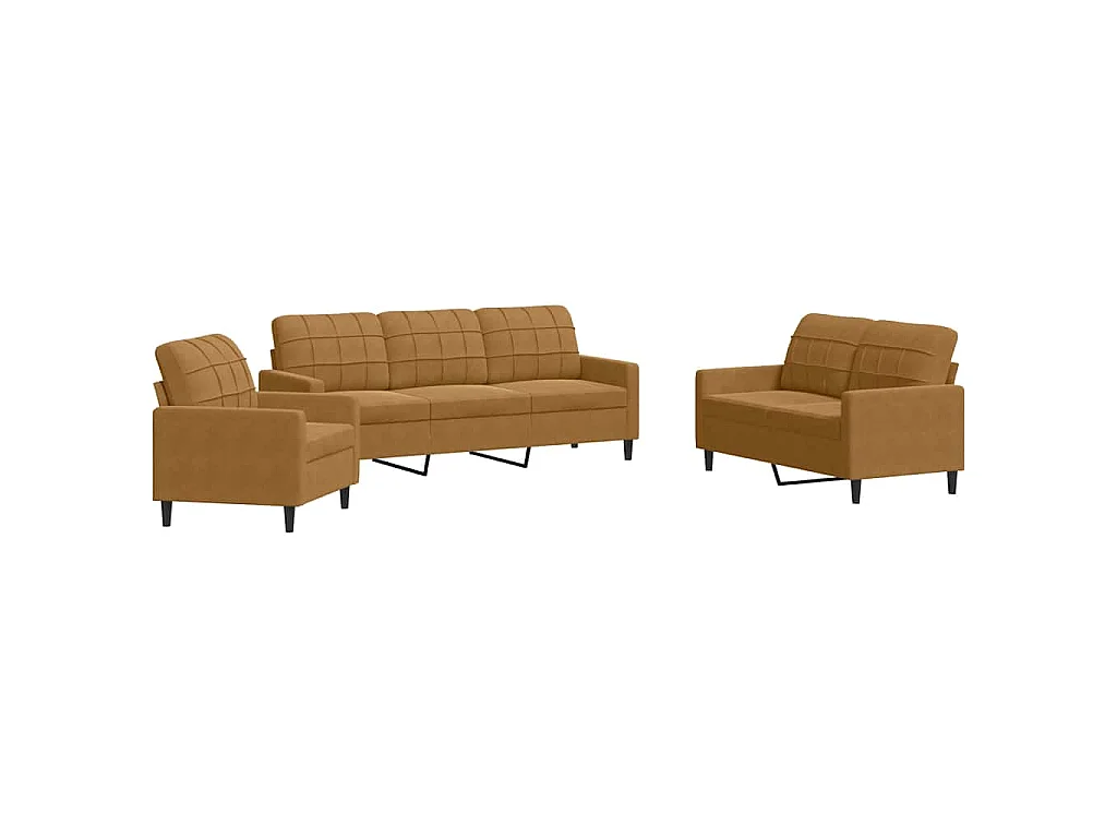 3 pcs conjunto de sofás com almofadões veludo castanho