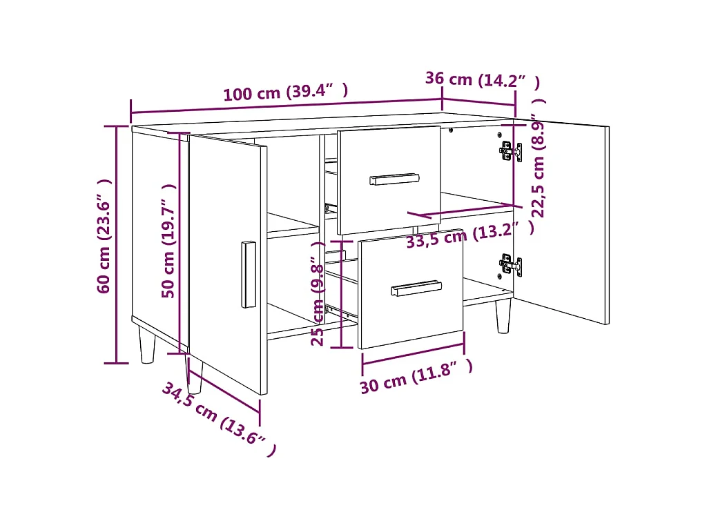 Dressoir 100x36x60 cm bewerkt hout wit