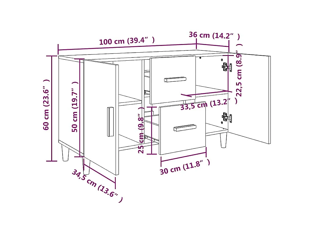 Dressoir 100x36x60 cm bewerkt hout wit