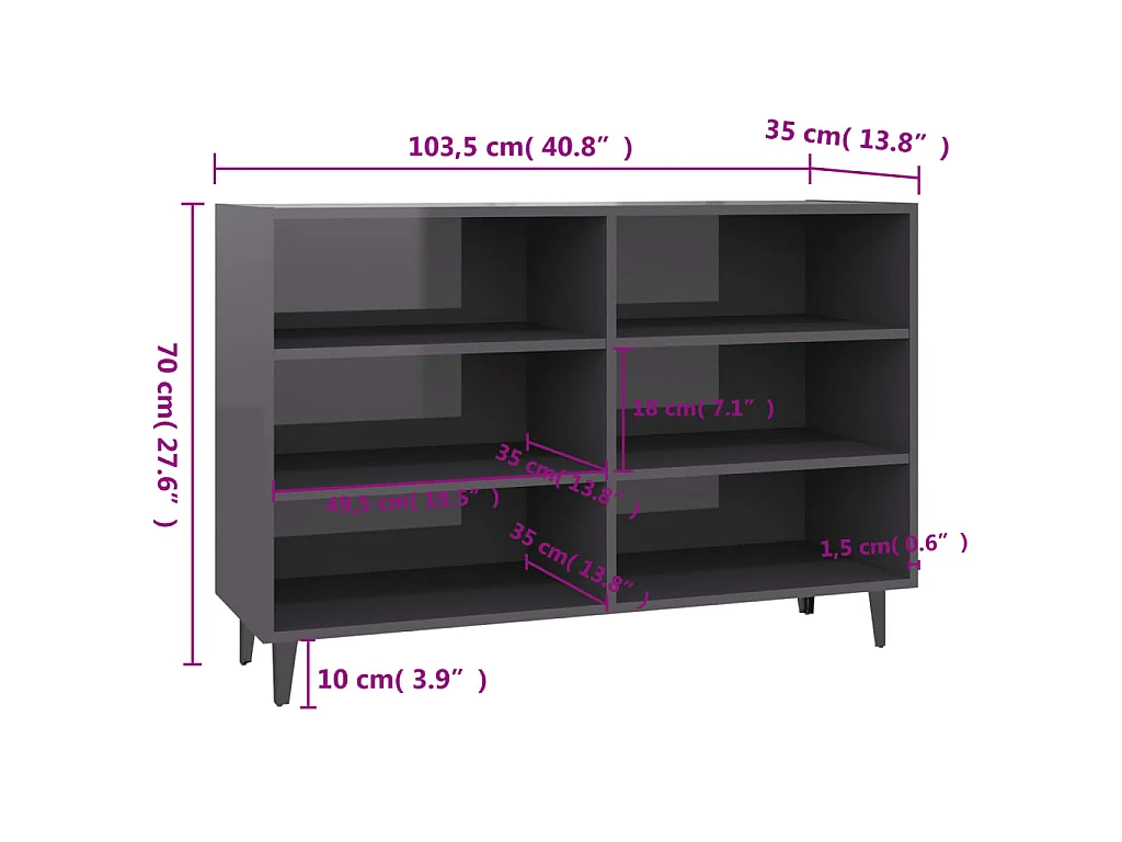 Buffet gris brillant 103,5x35x70 cm bois d'ingénierie
