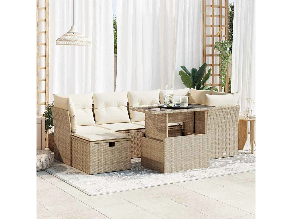 Salon de jardin avec coussins 7 pcs beige résine tressée