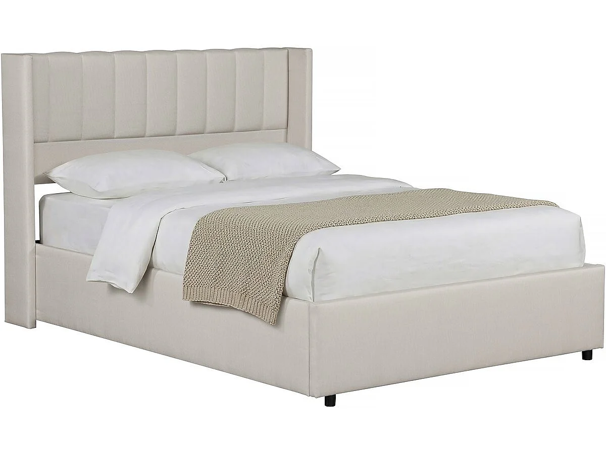 Cama de casal bege em linho Saint-Moritz 140x190 cm com baú e estrado robusto de ripas