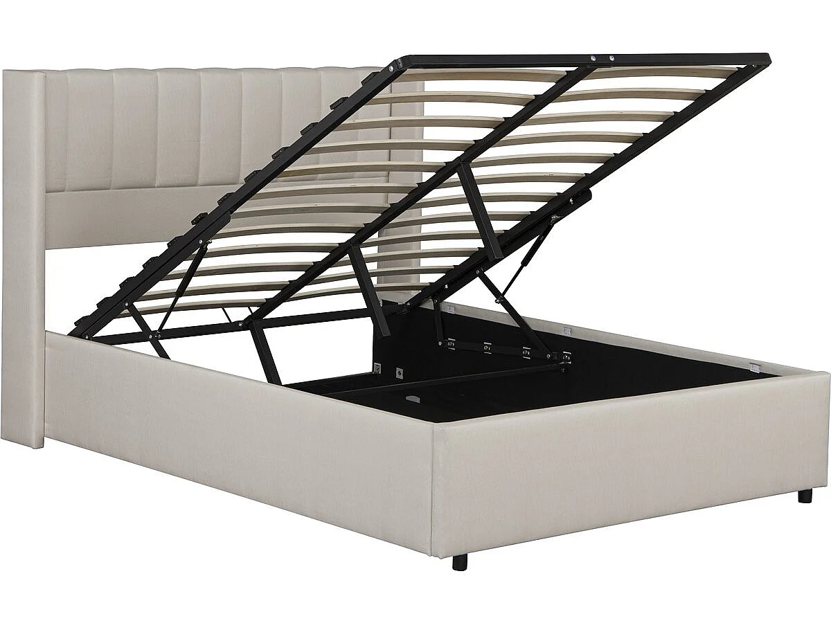 Cama de casal bege em linho Saint-Moritz 140x190 cm com baú e estrado robusto de ripas