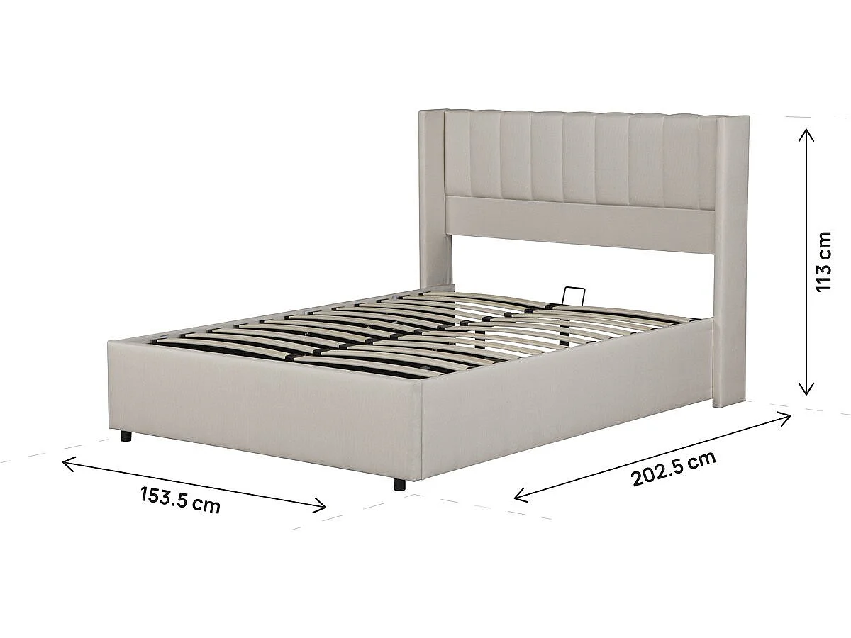 Cama de casal bege em linho Saint-Moritz 140x190 cm com baú e estrado robusto de ripas