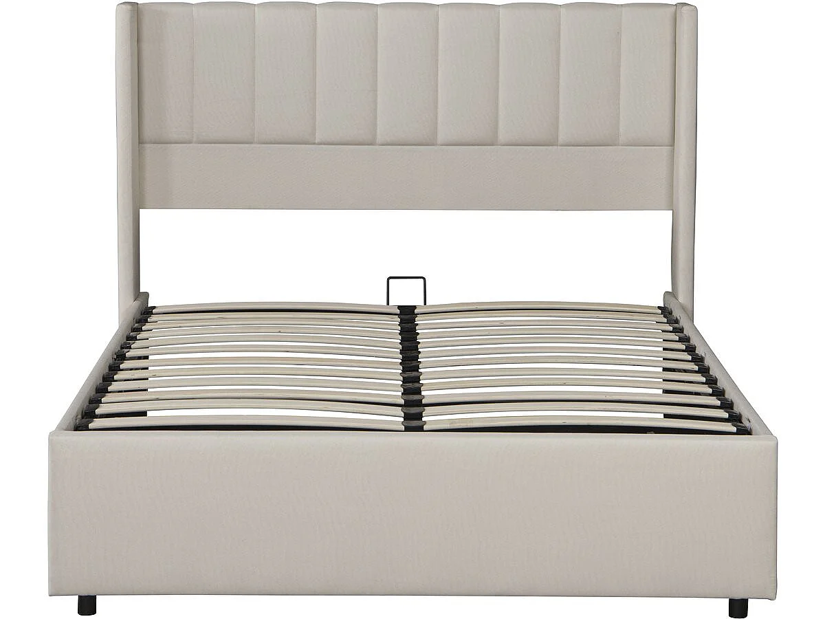 Cama de casal bege em linho Saint-Moritz 140x190 cm com baú e estrado robusto de ripas