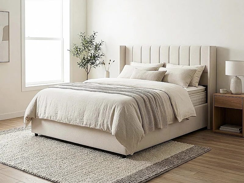 Lit double en lin avec coffre "Saint-Moritz" - 140 x 190 cm - Beige