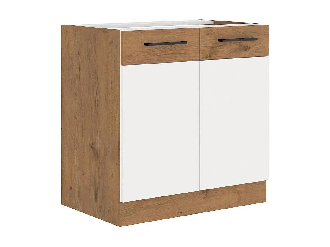 Meuble bas AUCUNE ROCK 2 portes 80 cm - 2 tiroirs - chêne Lancelot et blanc brillant