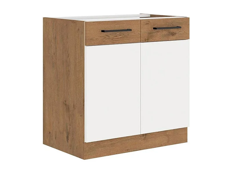 Meuble bas AUCUNE ROCK 2 portes 80 cm - 2 tiroirs - chêne Lancelot et blanc brillant