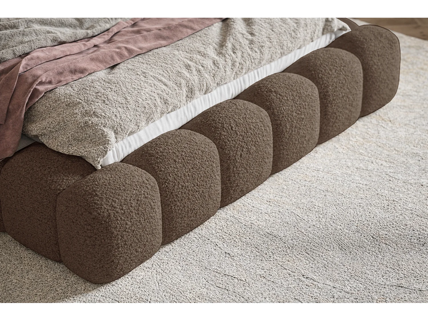 Łóżko tapicerowane 160x200 Madeno - gruba pianka, pojemnik, stelaż - tkanina boucle, brązowy (Catch Me 6)