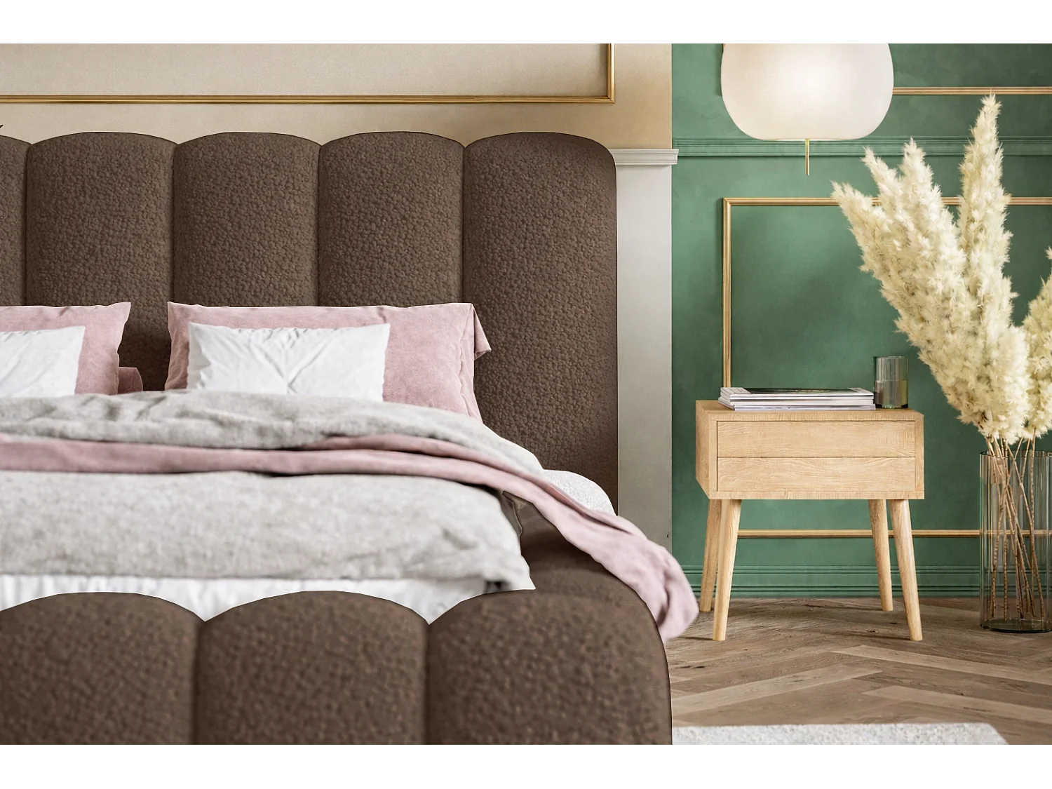 Łóżko tapicerowane 160x200 Madeno - gruba pianka, pojemnik, stelaż - tkanina boucle, brązowy (Catch Me 6)