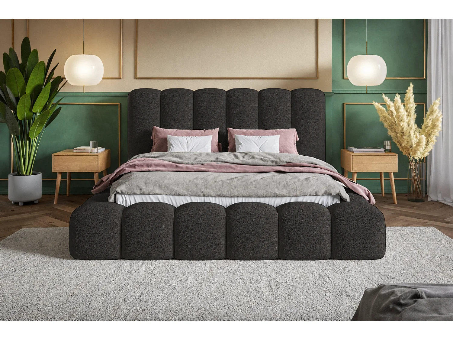 Polsterbett 180x200 Madeno mit Bettkasten - hochwertigem Schaumstoff, Metall-Lattenrost - Bouclé, Schwarz (Catch me 27)