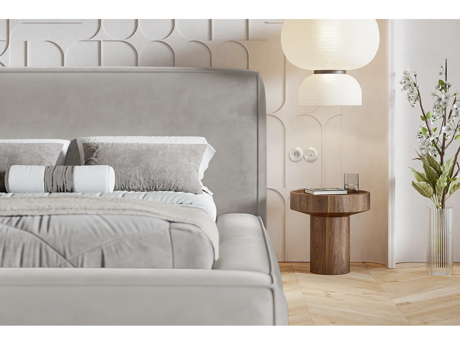 Gestoffeerd bed 160x200 Karano - fluweel, bed met opbergruimte, metalen lattenbodem, Lichtgrijs (Amor Velvet 4318)