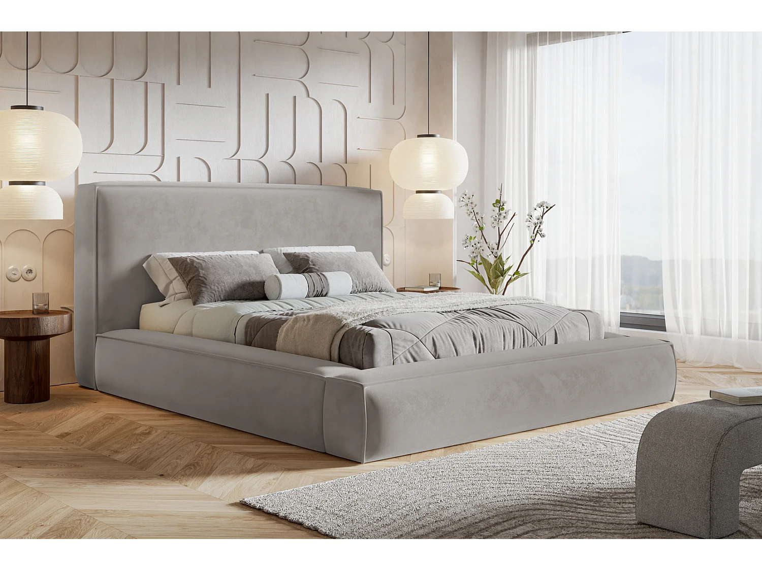 Lit adulte 160x200 cm Karano - coffre, sommier métallique, tissu velours Gris clair (Amor Velvet 4318)