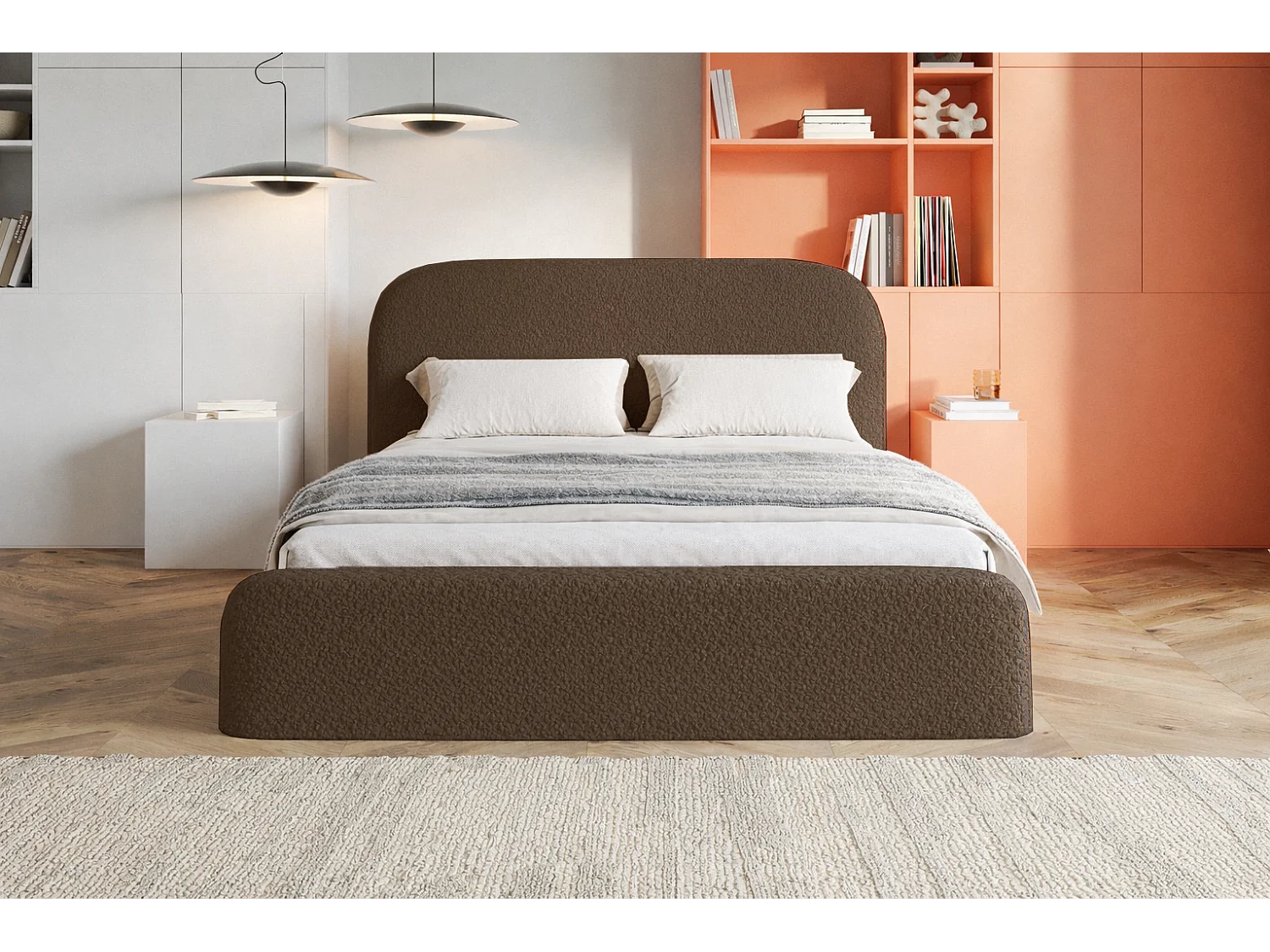 Polsterbett mit Bettkasten 180x200 Wendra - rundem Kopfteil, Metall-Lattenrost - Bouclé, Braun (Catch me 6)