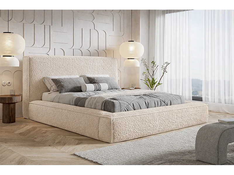 Lit coffre 140x200 cm Karano - sommier, tissu bouclé, Beige (Catch Me 2)