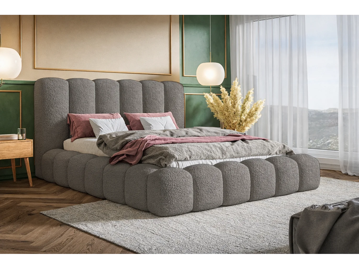 Polsterbett 140x200 Madeno mit Bettkasten - hochwertigem Schaumstoff, Metall-Lattenrost - Bouclé, Grau (Catch me 25)