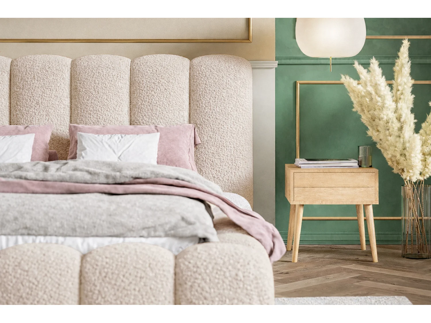 Łóżko tapicerowane 180x200 Madeno - gruba pianka, pojemnik, stelaż - tkanina boucle, beżowy (Catch Me 2)