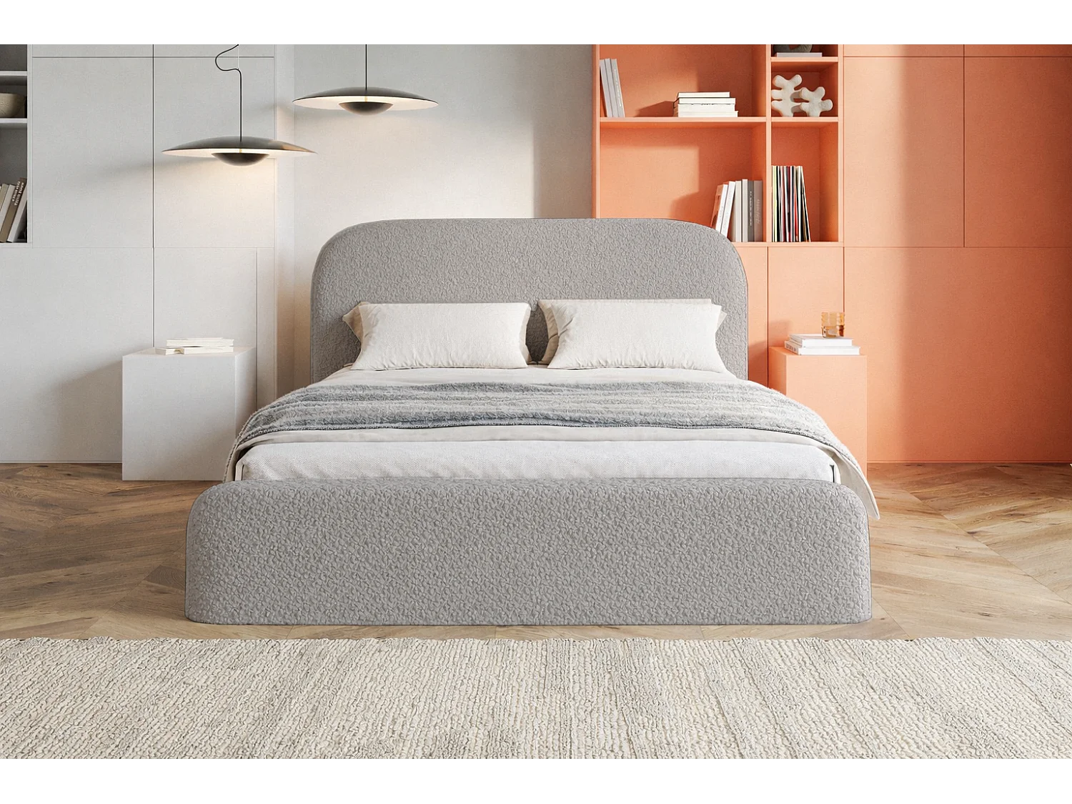 Polsterbett mit Bettkasten 140x200 Wendra - rundem Kopfteil, Metall-Lattenrost - Bouclé, Hellgrau (Catch me 24)