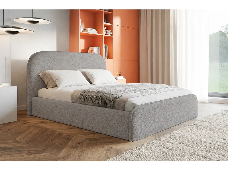 Lit adulte 140x200 Wendra - lit avec tête de lit arrondie, sommier métallique - bouclé, Gris clair (Catch Me 24)