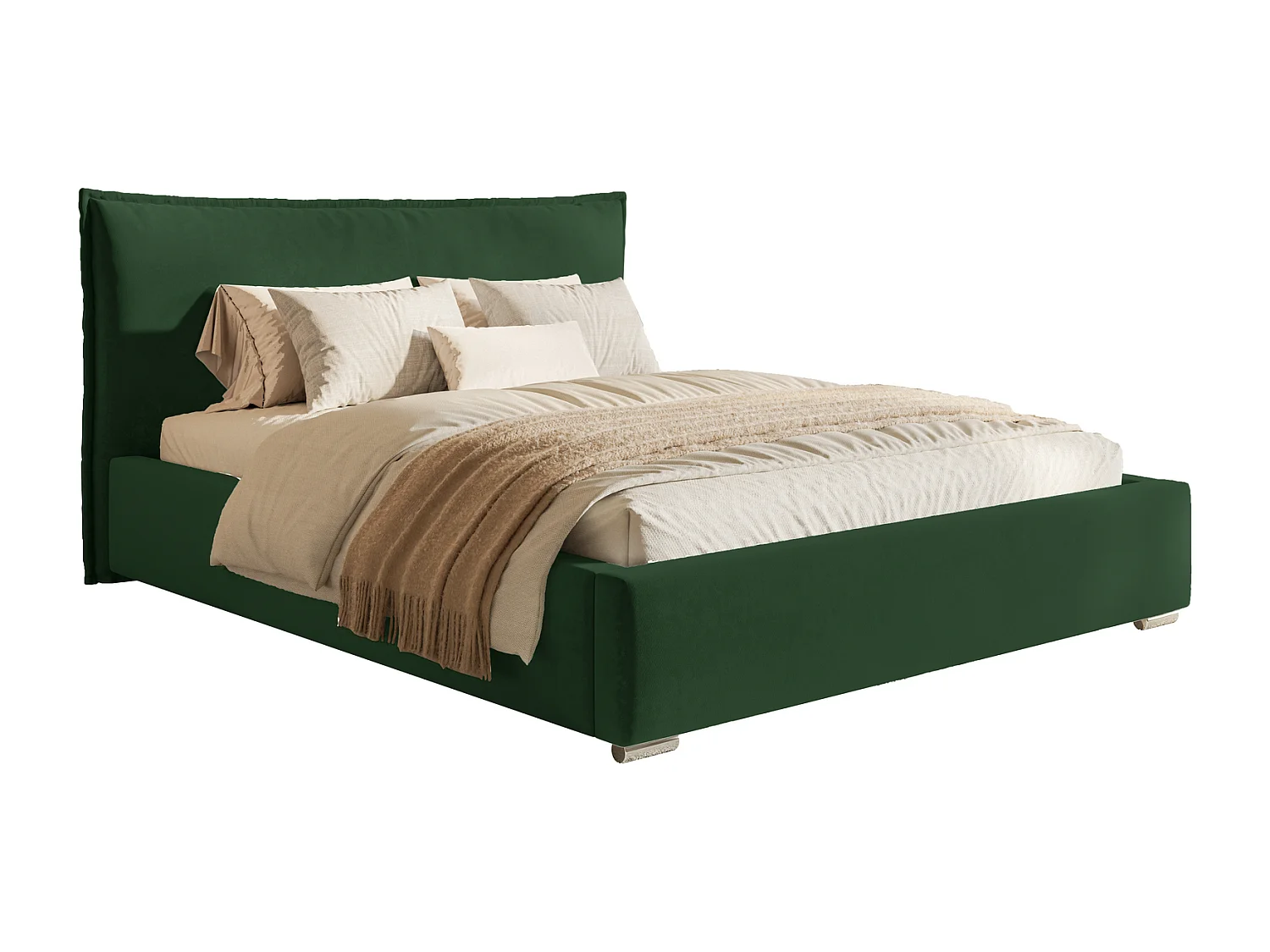 Tweepersoonsbed 140x200 Zenito met opbergruimte - hoofdbord in kussenvorm, metalen lattenbodem - Groen (Amor Velvet 4311)