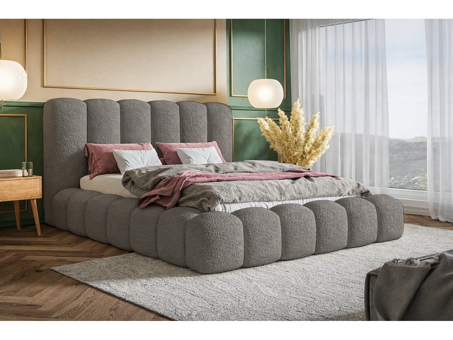 Polsterbett 160x200 Madeno mit Bettkasten - hochwertigem Schaumstoff, Metall-Lattenrost - Bouclé, Grau (Catch me 25)