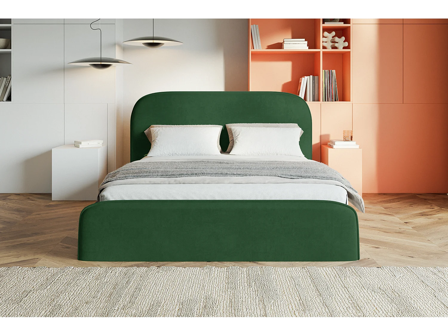 Tweepersoonsbed 200x200 Wendra met metalen lattenbodem - hoofdbord, opbergruimte - Groen (Amor Velvet 4311)